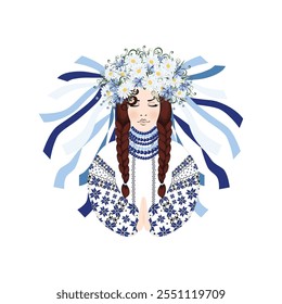 Woman prays in an embroidered costume and a wreath of wildflowers, daisies, cornflowers and herbs, Ukrainian aesthetics in blue colors