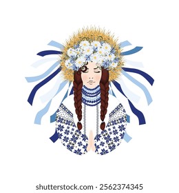 Woman prays in an embroidered costume and a wreath of wildflowers, daisies, cornflowers, herbs and wheat ears