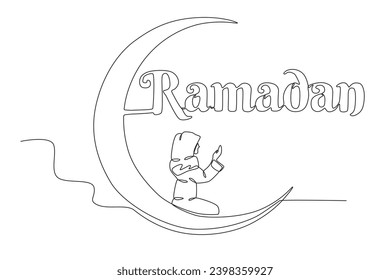 A woman prays in Ramadan. Ramadan one-line drawing