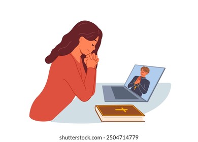 Woman prays sitting in front of laptop and watching video broadcast with priest from christian church. Catholic girl praying, captivated by watching online sermons of catholic diocese