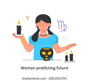 Woman predicts future concept. Female character holds black candles over skull and talks about fate. Witch performs magical ritual. Cartoon flat vector illustration isolated on white background
