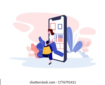 A woman prefer shopping with apps instead website. She can shop simple and faster than on website. Effectively Shopping in now era. Vector illustration with pastel color.