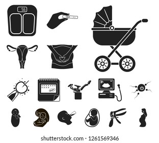 Woman and pregnancy black icons in set collection for design. Gynecology and equipment vector symbol stock web illustration.