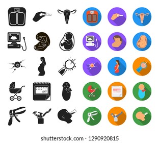 Woman and pregnancy black,flat icons in set collection for design. Gynecology and equipment vector symbol stock web illustration.