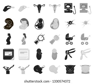 Woman and pregnancy black,monochrome icons in set collection for design. Gynecology and equipment vector symbol stock web illustration.