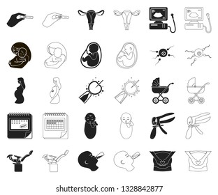 Woman and pregnancy black,outline icons in set collection for design. Gynecology and equipment vector symbol stock web illustration.