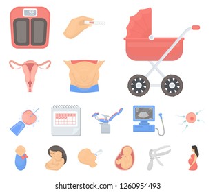 Woman and pregnancy cartoon icons in set collection for design. Gynecology and equipment vector symbol stock web illustration.