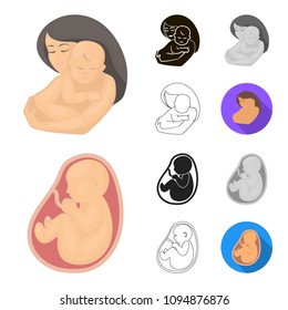 Woman and pregnancy cartoon,black,flat,monochrome,outline icons in set collection for design. Gynecology and equipment vector symbol stock web illustration.