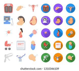 Woman and pregnancy cartoon,flat icons in set collection for design. Gynecology and equipment vector symbol stock web illustration.