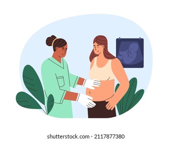 Woman at pregnancy check-up at doctors office. Pregnant patient at appointment in hospital. Female expecting baby at medical health examination. Flat vector illustration isolated on white background