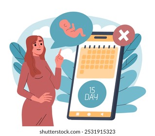 Woman with pregnancy control. Young girl with big belly near calendar. Maternity and parenthood, female reproductive system. Anatomy and biology. Flat vector illustration isolated on white background