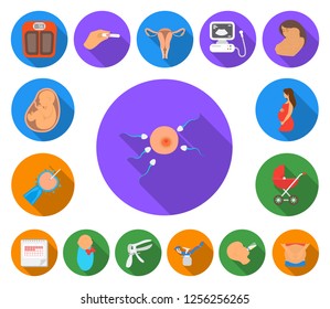 Woman and pregnancy flat icons in set collection for design. Gynecology and equipment vector symbol stock web illustration.
