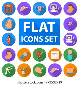 Woman and pregnancy flat icons in set collection for design. Gynecology and equipment vector symbol stock web illustration.