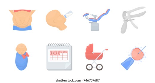Woman and pregnancy icons in set collection for design. Gynecology and equipment vector symbol stock web illustration.