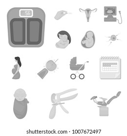 Woman and pregnancy monochrome icons in set collection for design. Gynecology and equipment vector symbol stock web illustration.
