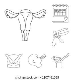 Woman and pregnancy outline icons in set collection for design. Gynecology and equipment vector symbol stock web illustration.