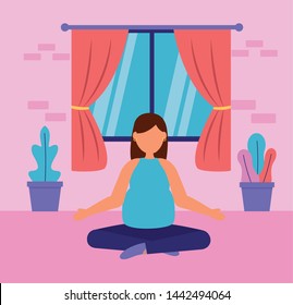 woman pregnancy practicing yoga relaxing maternity scene vector illustration