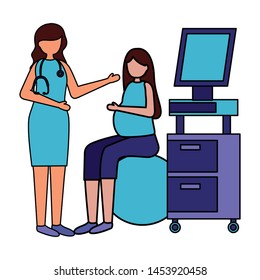 woman pregnancy sitiing yoga ball doctor scan machine maternity vector illustration
