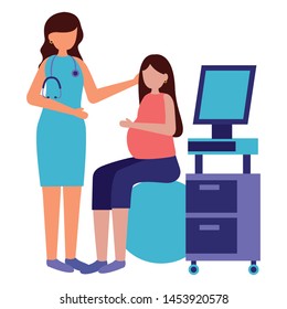 woman pregnancy sitiing yoga ball doctor scan machine maternity vector illustration