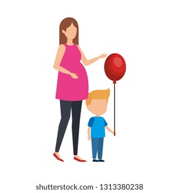 woman pregnancy with son and balloon helium