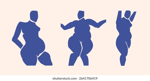 Woman pregnant abstract figures silhouette, hand drawn cut out lady expecting child  different poses. Flat collage mid-century future mother and baby in belly. Motherhood applique female shape poster.