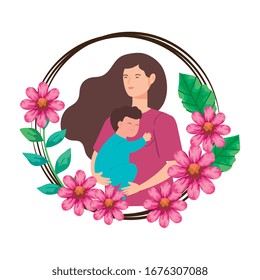 woman pregnant carrying baby boy in frame of flowers vector illustration design