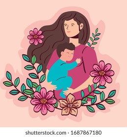 woman pregnant carrying baby boy with flowers decoration vector illustration design
