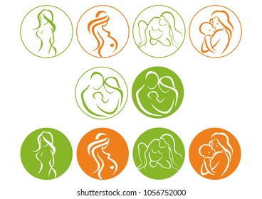 Woman Pregnant With Her Baby And Husband Logo Vector Icon