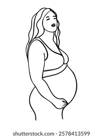 A woman is pregnant and is holding her stomach. She is wearing a tank top and is looking at the camera