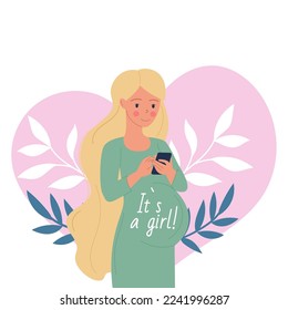 Woman pregnant with smartphone. It is a girl