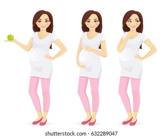 Woman pregnant standing in different poses isolated. Holding green apple, touching her belly, thinking.