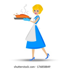 woman prepare  fried chicken, vector illustration