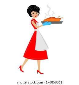 woman prepare  fried chicken, vector illustration