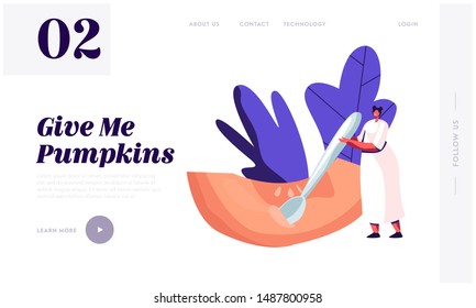 Woman Prepare Home Food Website Landing Page. Tiny Female Character Delete Seeds with Spoon from Ripe Pumpkin Slice for Cooking Thanksgiving Day Dish. Web Page Banner. Cartoon Flat Vector Illustration