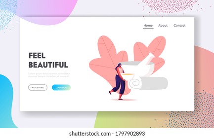 Woman Prepare Natural Mask Landing Page Template. Tiny Female Character with Huge Bowl with Moisturizing Mask, Towel and Mortar Apply Spa, Hygiene Procedures, Body Care. Cartoon Vector Illustration