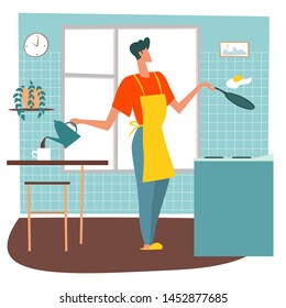 Woman prepares the breakfast, , lunch, dinner turns an fried egg and makes coffee on the kitchen. Vector illustration of a happy cook.
