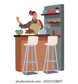 Woman Prepares A Delicious Home-cooked Meal, Gracefully Moving Around The Kitchen, Aromas Fills The Air As She Skillfully Orchestrates Culinary Delights With Love. Cartoon People Vector Illustration