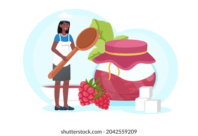 Woman prepares jam concept. Female character stands next to jar of raspberry jam and holds spoon in hand. Dessert made of natural berries. Cartoon flat vector illustration isolated on white background