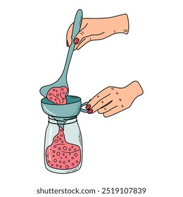 Woman prepares jam. Female character is filling jar with spoon and funnel. Canning process, food preservation concept. Hand drawn flat design vector illustration isolated on transparent background