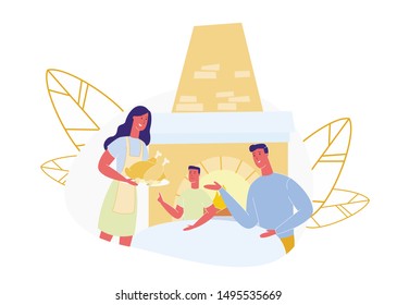 Woman Prepares Lunch. Chicken on Plate. Family Rinner. Family Sits at Table. Vector Illustration. Family Spends Time Together. Home Interior. Park Area. Family Situations. Woman Cooked Son and Husband