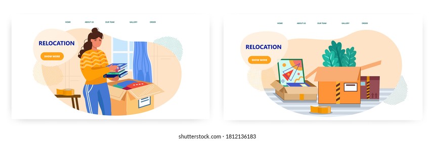 Woman prepares to move and packs books to cardboard box at home. House relocation concept illustration. Vector web site design template. Box with books and stuff. Moving service