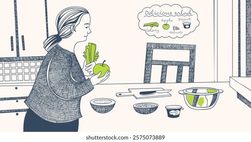 A woman prepares a salad. Ink drawing in a sketchbook. Vector illustration.