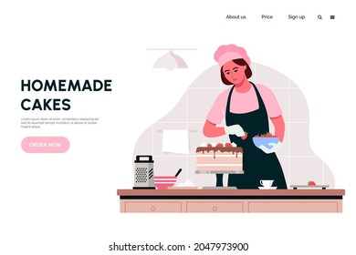 Woman preparing cake in home kitchen. Housewife makes sweet pastries to order. Home bakery web page concept. Cooking master class. Vector illustration in flat style.