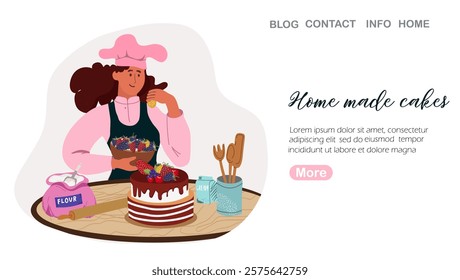 Woman preparing cake in home kitchen. Housewife makes sweet pastries to order. Home bakery web page concept. Cooking master class. Vector illustration in flat style. hand drawn vector.