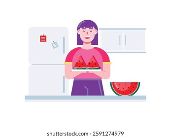 Woman preparing cut watermelon for healthy snack, refreshing diet menu. Design character. Vector flat illustration