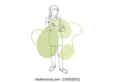 Woman preparing dinner continuous line drawing concept. Young girl in apron making meal in bowl and stands, cheaf cooks in home kitchen. Vector illustration in outline hand drawn design for web