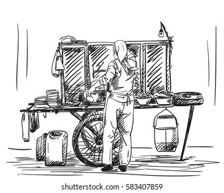 Woman Preparing Dish At Asian Street Food Wagon On Wheels, Vector Sketch Hand Drawn Illustration