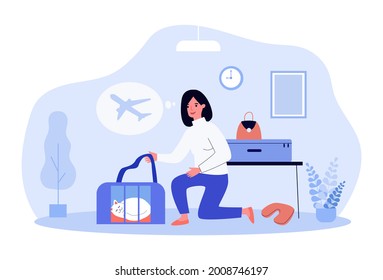 Woman preparing for flight on airplane with beloved pet. Flat vector illustration. Girl taking carrier with sleeping cat, suitcases and going to airport. Travel, pet, animal, family, plane concept