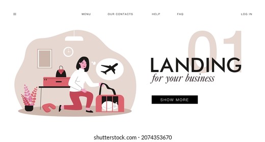 Woman preparing for flight on airplane with beloved pet. Flat vector illustration. Girl taking carrier with sleeping cat, suitcases and going to airport. Travel, pet, animal, family, plane concept