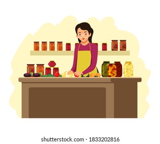 Woman preparing food in jars and cans at home. Girl making jam from fruit and putting vegetables in cans at house kitchen. Homemade summer products for storage vector illustration.